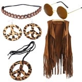 Hippie Kostüm Damen Set Fransen ärmellos Weste Hippie Kleidung Damen 60er 70er Jahre Bekleidung Braun Fransenweste Hippie Accessoires Brille Kette Haarband Ohrringe Für Damen Mädchen Disco Outfit,XL