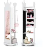 DREAMADE 360° Drehbarer Kinderspiegel, Schmuckschrank aus Holz, 3-in-1 Freistehender Standspiegel Mit Schmuckschrank, Kleiderständer & Ablage für Kinder Ab 3 für Kinderzimmer (Weiß)