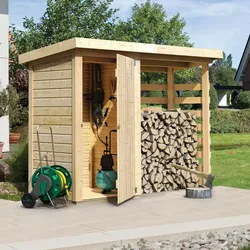 Karibu Gerätehaus Lohmi mit Feuerholz-Anbau - 14 mm - Aktionsangebot