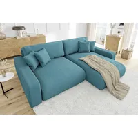 s-style möbel - Ecksofa mit Schlaffunktion und Bettkasten in Cord-Stoff schöner Sitzkomfort, Ottomane rechts, B/T/H: 234 cm / 170 cm / 78 cm - Türkis