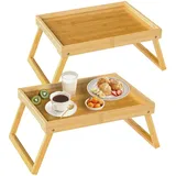 Betttablett mit klappbarem Bein, Bambus-Tablett zum Essen, Frühstücksbett-Tablett für Küche, Servieren, Essens-Tablett, Sofa, Snacks, Laptop-Schreibtisch, Abendessen im Bett 2 Packung Schwarz(Beige)