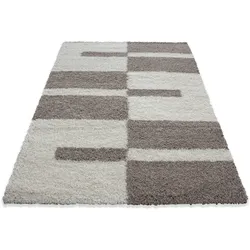 Designer Hochflor Teppich mit Karo- und Linienmuster, Flauschiger Langflor