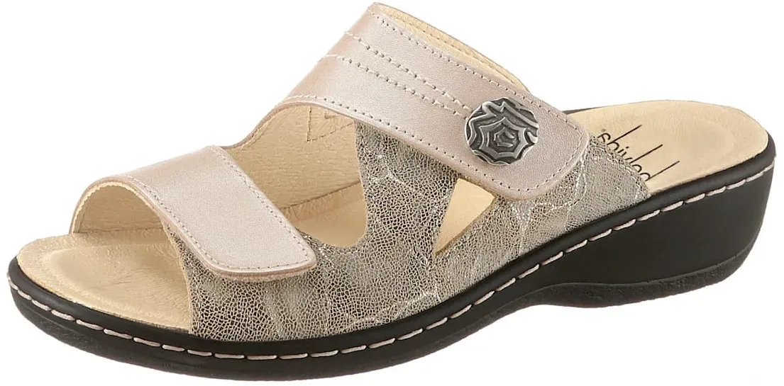 Pantolette BELVIDA, Damen, Gr. 42, grau (taupe, bedruckt), Glattleder, Nubukleder, Schuhe Pantolette