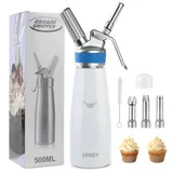 ERWEY Sahnespender 500ML, Sahnesyphon Edelstahl, Sahnesprüher Auslaufsicherer Einfach Reinigen mit 3 Tüllen und 1 Reinigungsbürsten, Schlagsahne Spender für Küche Party Desserts (Weiß)