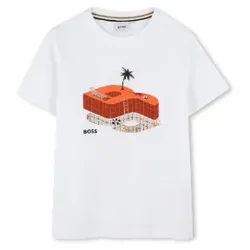 BOSS für Jungen. J52032 Kurzarm-T-Shirt weiß (10años= 138cm), Lässig, Baumwolle, Kinderbekleidung