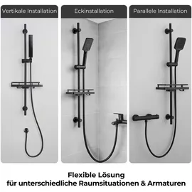 Görbach Duschset Edelstahl Duschstange mit Verstellbarer Duschkopfhalterung, Bohrlöcher-kompatible Wandhalterungen, Passend für Standard-Handbrausen, Brausestange 100 cm und Duschablage Schwarz