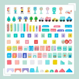 Relaxdays Holzbausteine Stadt im Set Blau,Rosa,Türkis