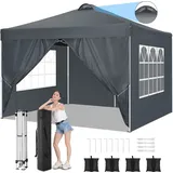 3x3 Pavillon Wasserdicht Pop up Faltpavillon Pavillon mit 4 Seitenteilen Faltbar Zelt Gartenpavillon, grau - Hellgrau