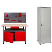 Kreher Werkstatt-Set, (Set), B/T/H: 120x60x85 cm, 2x Tür, 1x Werkstattschrank, 1x Werkzeugwand grau|rot