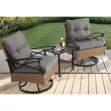 LVHOM Balkonset Outdoor-Loungeset, PE-Rattan Schaukelstuhl, (360° Swivel schwenkbar, 3-tlg. wetterfest, Gartenlounge-Set, Gartenbar-Set, Polstergarnitur, Schaukelsessel, 2 Sessel + Tisch, 150 kg Tragkraft, Grau), Ergonomische Sitzschalen, Schnell trocknende Polster braun|grau