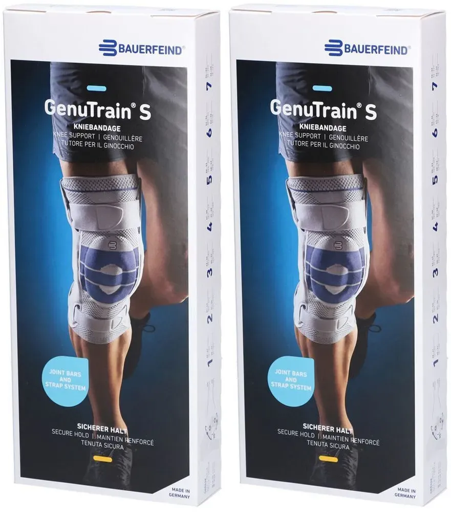 Bauerfeind® GenuTrain S Aktive Kniebandage mit seitlichen Gelenkstabilisatoren Gr. 5 Links Titan