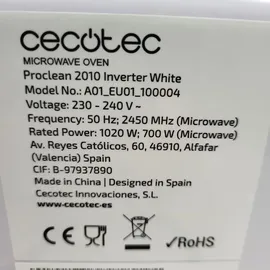Cecotec Inverter Mikrowelle, 19L, Proclean 2010 Inverter Weiß. 700W, 19 Liter Fassungsvermögen, 5 Leistungsstufen, Drehteller mit 245 mm, Timer bis zu 30 Minuten und akustischer Signalgeber.