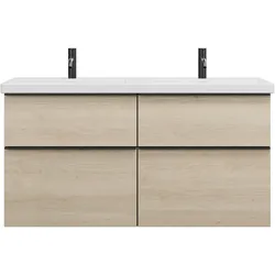 burgbad Eqio Keramik-Doppelwaschtisch inklusive Waschtischunterschrank mit 4 Schubladen, Breite 1230mm, SEYT123F3180C0001G0252, Farbe: Eiche Dekor Cashmere / Eiche Dekor Cashmere, Griffleiste Schwarz