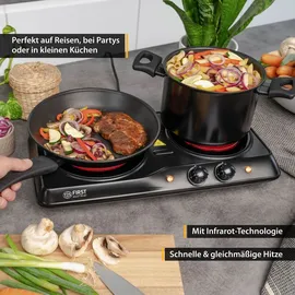 First Austria TZS First Austria - Kochplatte Infrarot 2er Glaskeramik-Herdplatte ALLE Topfarten 2000W - Doppelkochplatte Kochfeld elektrisch für Umzug, Camping ... - Schwarz