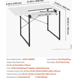 Vevor Nähtisch Nähmaschinentisch mit klappbarer Tischplatte & verstellbarer Ablage & Stahlbeinen, Mehrzwecktisch Computertisch für Zuhause Modestudio Kunststudio Bildungseinrichtung, Weiß
