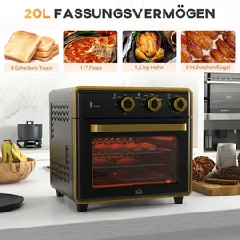 Homcom Minibackofen 20L, Pizza-Ofen mit Umluft Heißluftofen mit Backblech, Grillrost, 90-230°C, 1400 W Elektrischer Mini Ofen mit 1 Std. Timer, Frittierkorb, 60 Min.