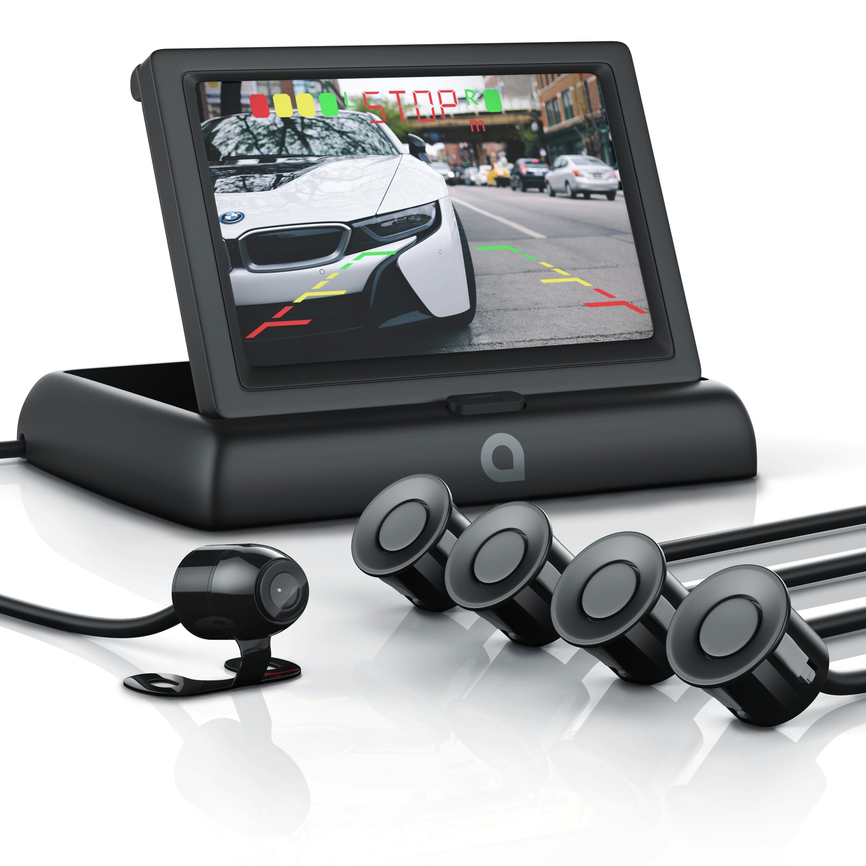 Aplic Rückfahrkamera, Einparkhilfe mit 4x Parksensoren, Kamera & 4,3` Monitor mit Nachtsicht