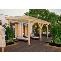 Terrassendach KONIFERA "Fulu", beige (unbehandelt), B:510cm T:400cm, Leimholz, Polycarbonat (PC), Fichtenholz, Terrassenüberdachungen, Bausatz aus naturbel. Leimholz mit lichtdurchl. Polycarbonat-Pultdach