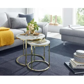 KADIMA DESIGN Moderne Marmor-Beistelltische, 2er Set, Goldene Gestelle, 50/35 cm