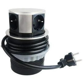 ChiliTec Versenkbare Einbausteckdose mit 4 Steckdosen 230V 150cm Kabel, Mehrfachsteckdose mit Stecker Silber