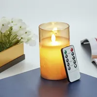 LED Kerzen Mit Flackernder Flamme und Fernbedienung - Flammenlose Echtwachssäule in Glas, Batteriebetrieben Mit 24 Stunden Timer - 15cm Braun