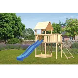 Woodfeeling Karibu Spielturm Lotti mit Anbauplattform Netzrampe Rutsche Blau