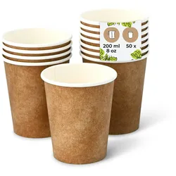 BIOZOYG 50 Stück Kaffee Trinkbecher braun 200ml / 8oz Einwegbecher Pappbecher für Heißgetränke, umweltfreundlich kompostierbare To-Go-Becher