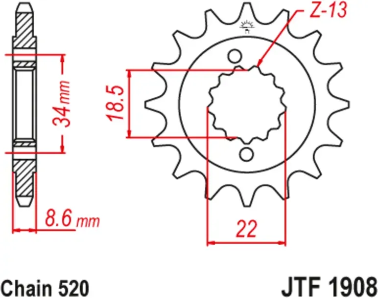 JT SPROCKETS Stalen geruisloos voortandwiel 1908 - 520