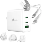 j5create 65-Watt-GaN-USB-C-Reiseladegerät mit 3 Anschlüssen, einschliesslich austauschbaren Netzsteck 65 W), USB Ladegerät, Weiss