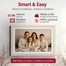 Xoro CPF 10PF – 10,1 Zoll WiFi Digitale Bilderrahmen, 1920x1080 HD IPS Touch Display, 32GB Speicher, Automatische Rotation, Buchenholz, Teilen Sie Fotos sofort von überall aus
