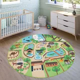 Paco Home Kinderteppich »Bino 563«, rund, 4 mm Höhe, Kurzflor, Straßen-Spiel-Teppich, Motiv Zoo, Kinderzimmer beige