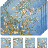 Moderry Set mit 4 hitzebeständigen Kork-Tischsets für Esstisch, mit 4 passenden Getränkeuntersetzern, blau, botanisches Design, 40,6 x 30,5 cm, Unterseite aus Kork, Harte Tischsets (Mandelblüten)
