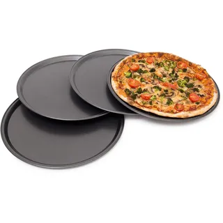Relaxdays Pizzablech, Backblech 4er Set, Backset aus beschichtetem Carbonstahl, Pizza & Flammkuchen, 33cm Ø, grau,