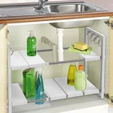 SMONTER Schrank Organizer Küche, Verstellbares Unterschrankregal Doppelschicht aus Edelstahl & PP-Kunststoff mit beweglichen Paneelen und Haken, Schrankeinsatz für Spülbecken und Badezimmer, Weiß