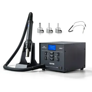 Vevor Heißluft-Reworkstation, 1000 W, 100-480 °C Heißluftpistole mit 99-stufig einstellbarem Luftstrom, 3 voreingestellten Kanälen und 3 Heißluftdüsen für Chip-Demontage, Elektronikreparatur