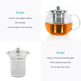 cadorabo Intirilife Teekanne mit Filter in KLAR – 800ml Glaskanne aus Borosilikatglas mit Siebeinsatz für heiße und kalte Getränke, Tee, Kaffee, Wasser