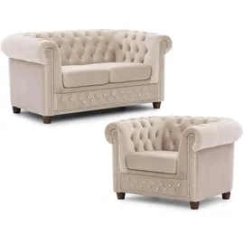 S-Style Chesterfield Polstergarnitur 2+1 Cleo Blink ¦ beige ¦ Maße (cm): B: 148 H: 72