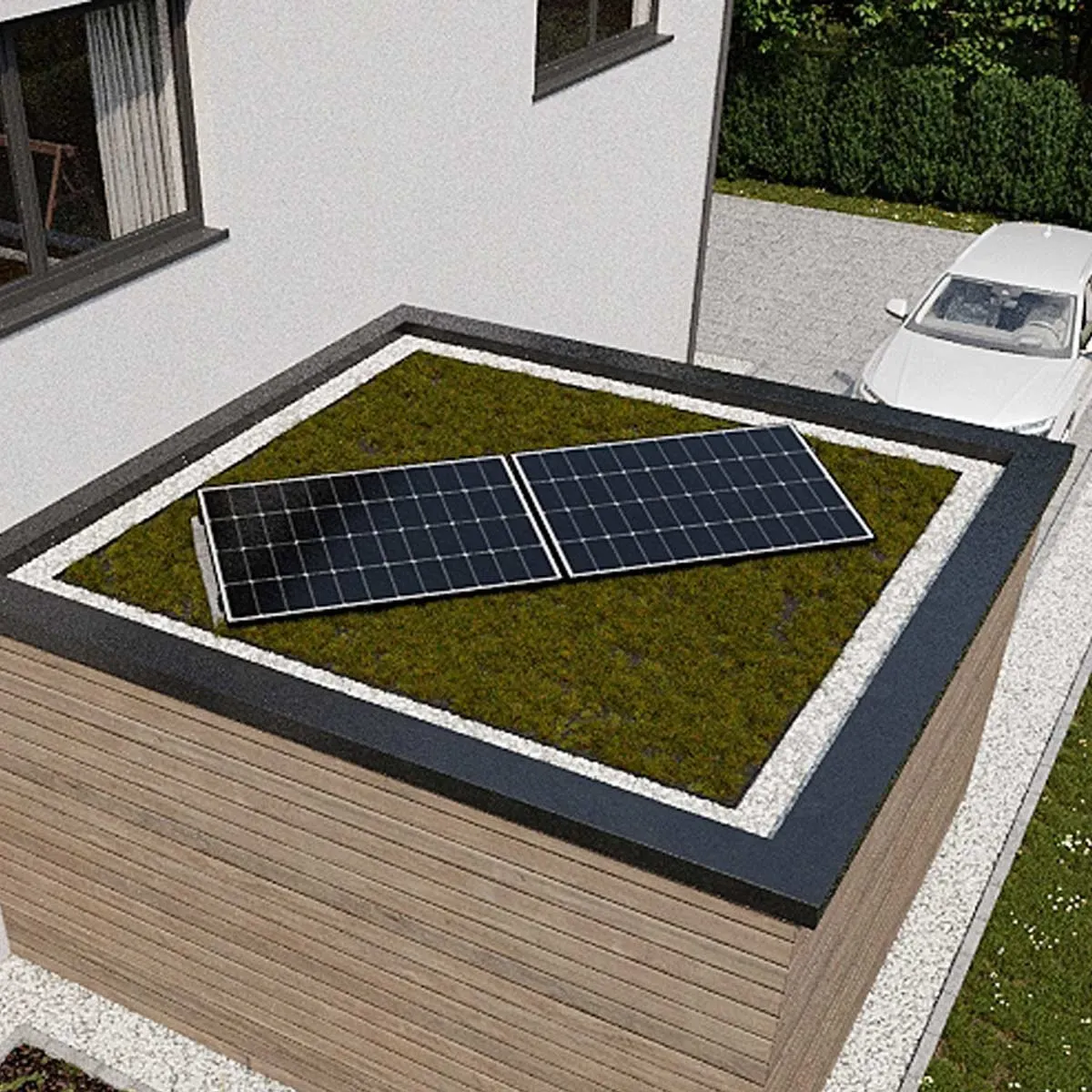 900 kWp GartenPV System inkl. Wattstone 15 Grad Flachdachaufständerung aus Feinbeton Anthrazit