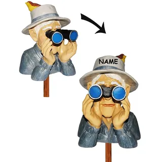 alles-meine.de GmbH Spanner am Gartenzaun - Jäger/Opa mit Hut, Vogel & Fernglas - incl. Name - aus Kunstharz - große XL Figur - Großvater - Hecke - Heckenfigur - Zaun/Zau..