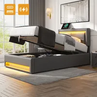 Polsterbett 90 X 200 Cm, Mit Usb-anschluss (unterstützt Kabelloses Und Kabelgebundenes Laden), Mit Led-beleuchtung Und Stauraum, Ohne Matratze, Pu-litschi-muster,grau[old Sku:3252934aag]