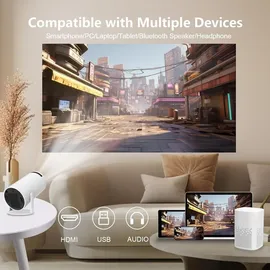 lqwell Beamer Projektor, unterstützt BT5.0 mit 11.0 Android OS, Automatische Trapezkorrektur, 130-Zoll-Display, 4K Heimkino, hdmi, Weiß