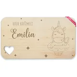 Frühstücksbrettchen Holz Herz - Einhörner - Hier krümelt Name Einhorn I Mädchen Geschenk Kinder I Gravur - 22,5x12,5 - Holz - personalisiertes brettchen für holzbrettchen graviert unicorn