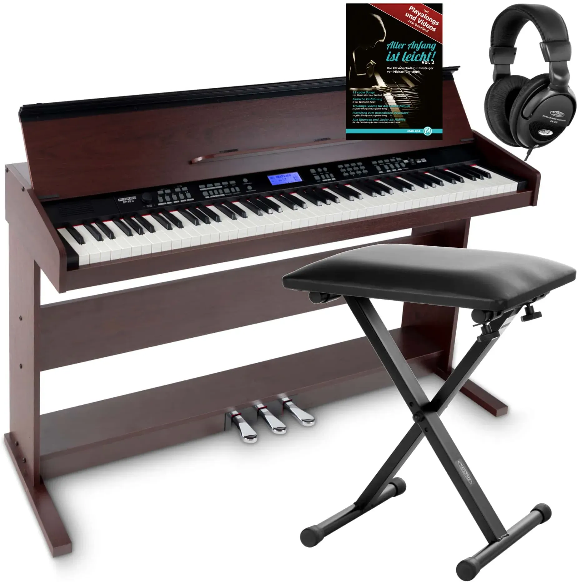 FunKey DP-88 II Digitalpiano braun Set mit Economy Keyboardbank, Kopfhörer und Klavierschule