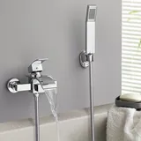 OUGOO Badewannenarmatur mit Handbrause, Wasserfall-mischbatterie Badewanne mit Brause, Doppelauslauf, Wasserhahn Badewanne aus Messing, Quadratische Armatur Badewanne, Chrom