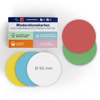 Magnetoplan Kommunikationskarten selbstklebend, 250 Stück, 5-farbig sotiert, Kreise 95 mm
