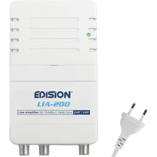 EDISION LIA-200 Hausanschlussverstärker UHF/VHF, 12-24db, 104dBmV, Frequenzbereich 47-694Mhz, geeignet für Kabelfernsehen digital und Terrestrisch DVB-T/T2, 5G LTE Filter, 1 Eingang, 2 Ausgänge