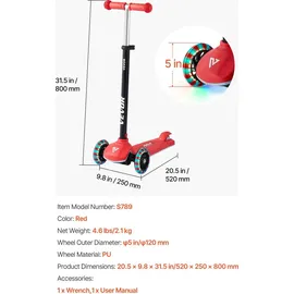 Vevor Scooter (3 Räder) ab 3 Jahren, Cityroller Kinderroller mit leuchtenden Rädern & höhenverstellbarem Lenker & rutschfestem Deck & leichtem Aluminiumrahmen, Tretroller bis zu 75 kg, Rot