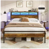 MSMASK Metallbett Bettgestell mit LED Beleuchtung und Steckdose USB-Anschlüsse (Ohne Matratze), Jugendbett, Doppelbett 140 x 190 cm braun 140 cm x 206 cm x 90 cm
