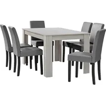 [en.casa] Esstisch Eiche weiß mit 6 Stühlen hellgrau Kunstleder gepolstert 140x90 cm