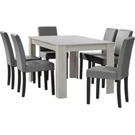 [en.casa] Esstisch Eiche weiß mit 6 Stühlen hellgrau Kunstleder gepolstert 140x90 cm
